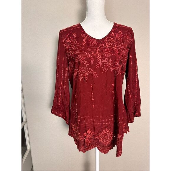 NEW John Mark deep wine red Embroidered Tunic Top Blouse Small - Picture 1 of 6